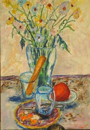 still life with daisies and plate