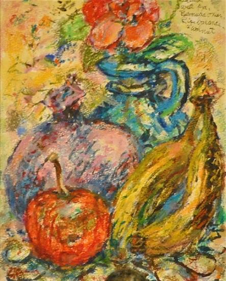 still life with pomegranate and bananas