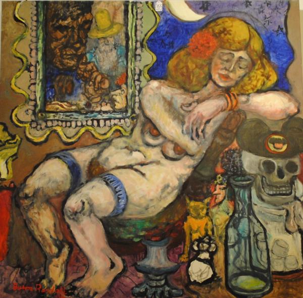 Nude with Blue Garters, Skull, and Moon