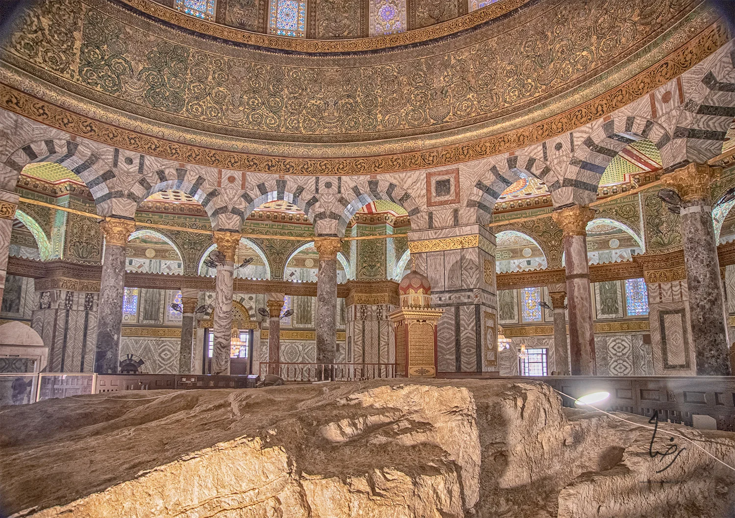 The Rock in the Dome of the Rock; Even ha-Shtiyya (The foundation stone), al-Sakhrah al-Musharrafah (The Noble Rock). The reliquary next to the rock dates from the Ottoman period and contains a hair of Muhammad's beard.