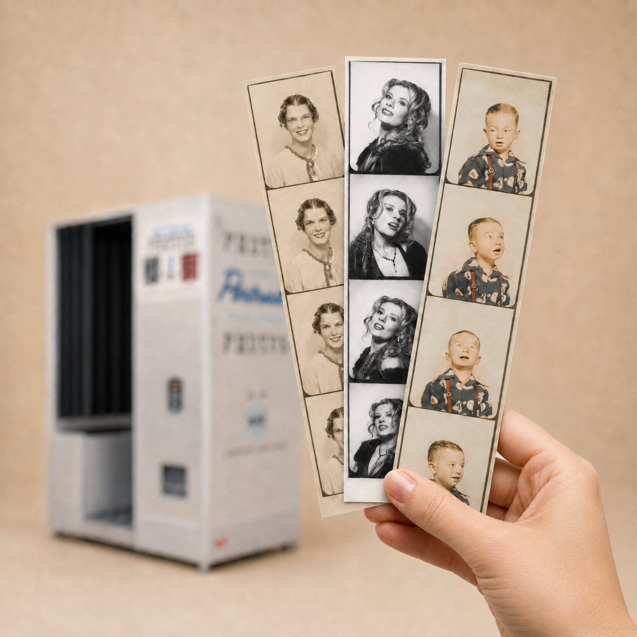 PhotoWorks photo booth blurred in the background with clear images of the photo strips