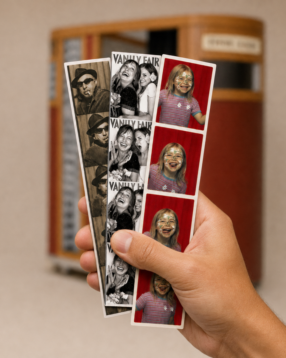 Hand holding three photo booth strips, one in black and white and two in color, with people posing and smiling.