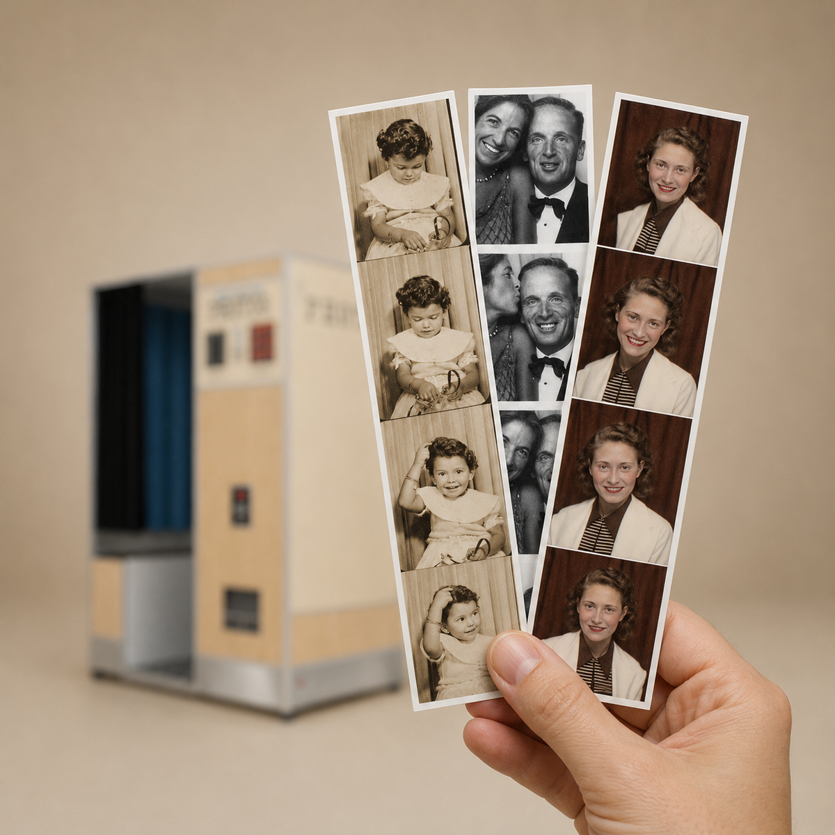 PhotoWorks photo booth blurred in the background with clear images of the photo strips