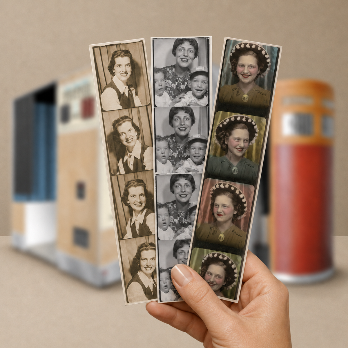 All 3 products in the background blurred. hand holding 3 photo strips in the foreground