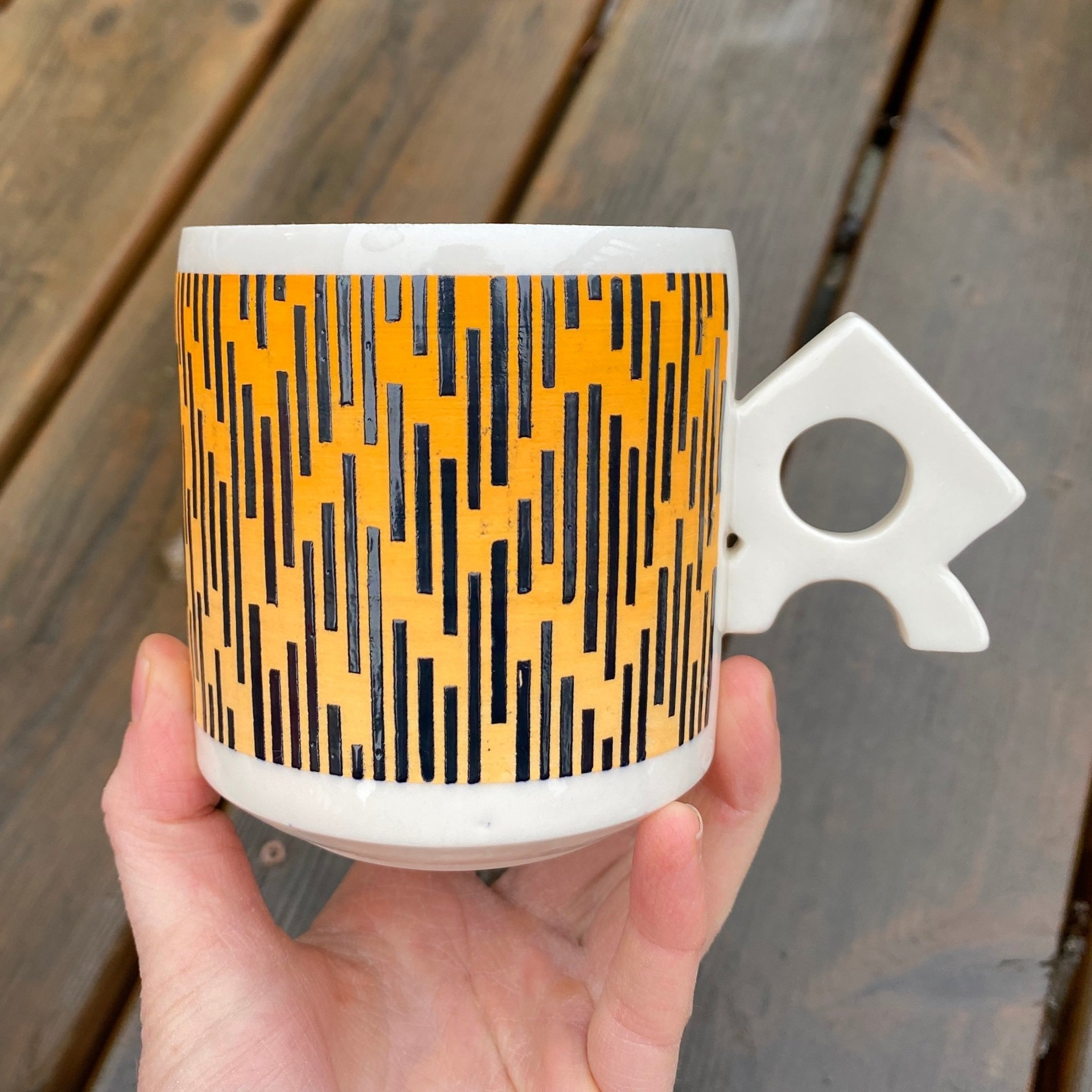 Rain Rhythm Mug, 2022, New Zealand porcelain, underglaze, fired to cone 5 electric.