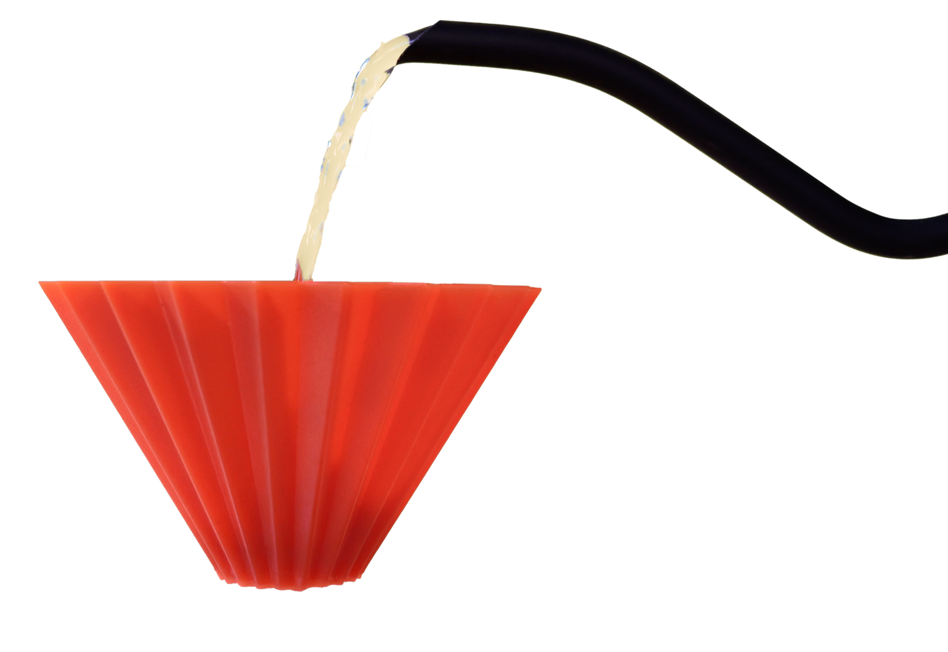 A black gooseneck kettle pouring a water into an orange drip brewer