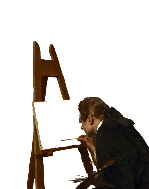 An artist painting on a canvas set up on an easel.