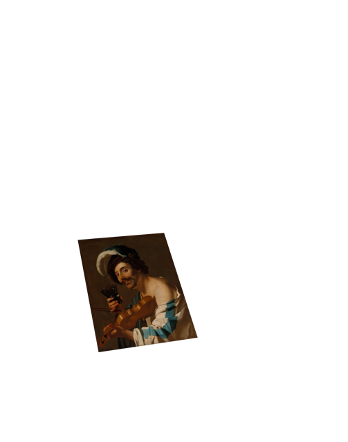 Painting of a person with a feathered hat, long hair, and a mustache, wearing a blue and white outfit, holding a glass.