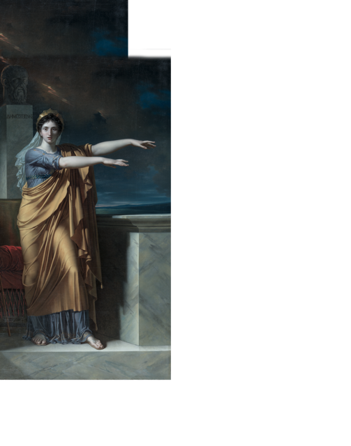 A woman draped in a golden-brown and blue flowing dress, standing on a balcony with her arms extended forward, including a dark sky and landscape in the background.