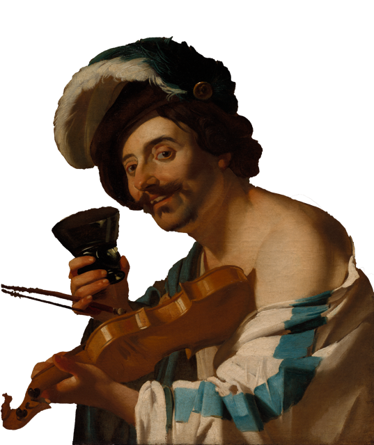 A man dressed in historical attire holding a violin and a glass of wine.
