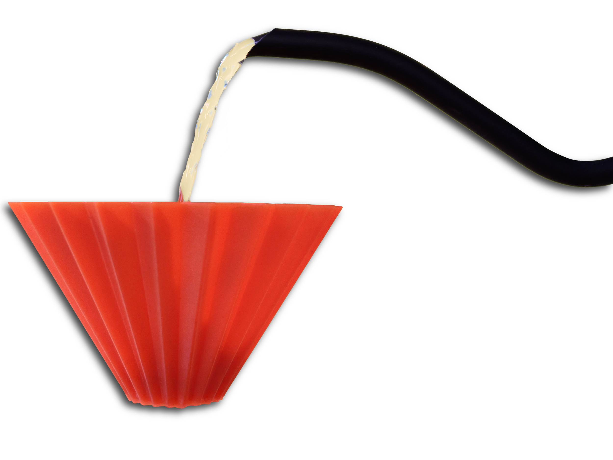 Close-up of an orange pourover with water being poured into it from a gooseneck kettle against a black background.