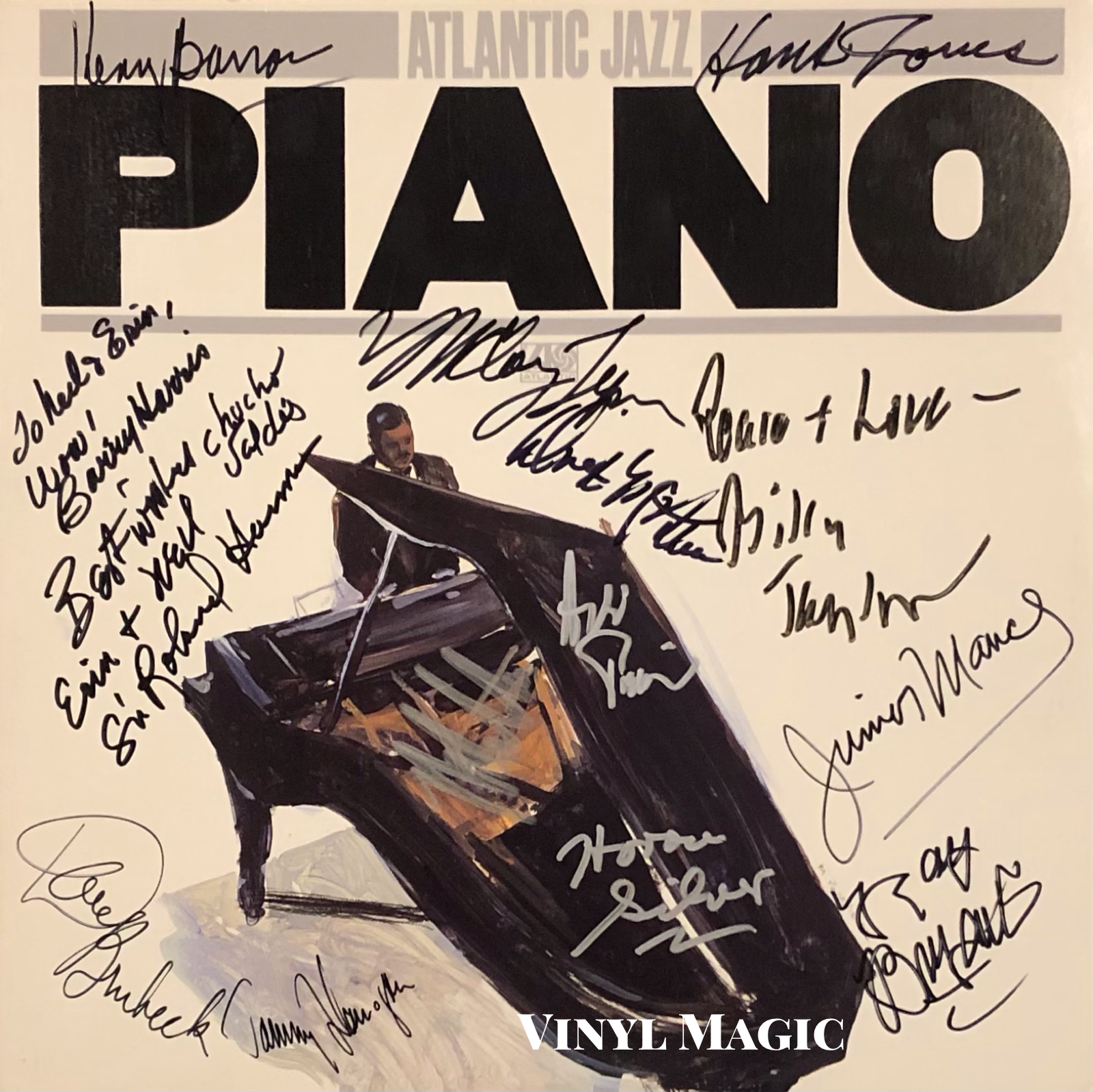 Atlantic Jazz Piano (1986) signed by Dave Brubeck, Ray Bryant, Kenny Barron, Tommy Flanagan, Sir Roland Hanna, Barry Harris, Hank Jones, Junior Mance, Brad Mehldau, Dwike Mitchell, Andre Previn, Horace Silver, Billy Taylor, McCoy Tyner, Chucho Valdes