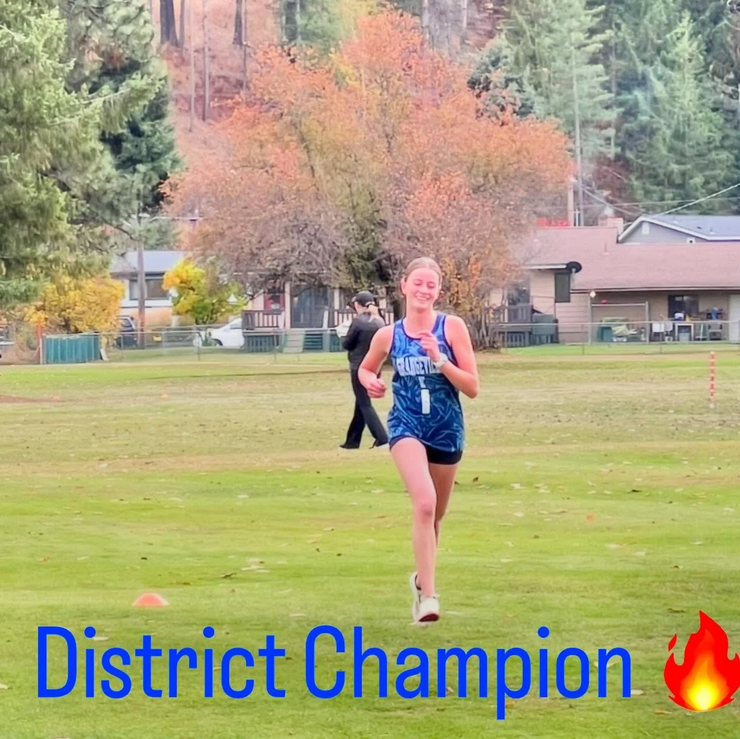 The smile says it all. All those early morning lifts, all the long runs, all the time spent taking care of the little things paid off. DISTRICT CHAMPION🏅🏆💪🏼 . Her teammates took care of business as well leading @grangeville.hs.sports to a 1-4 fin