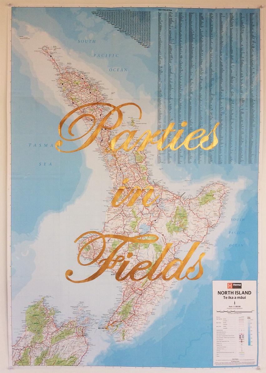 Riley Claxton. Parties in Fields. Gold paint on a map of the Nth Island