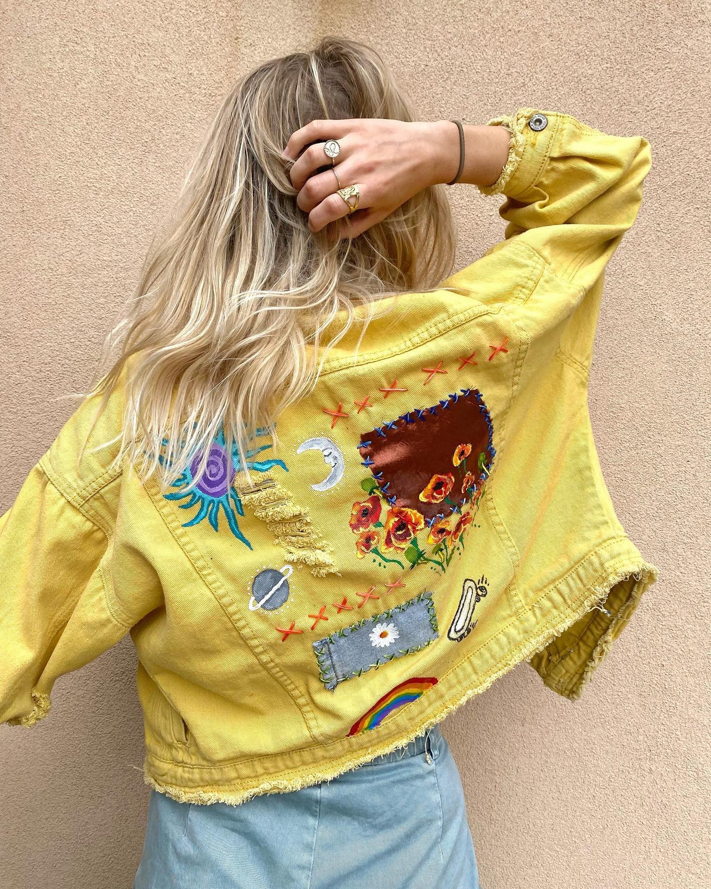I made this fun coat this summer :) working on embroidery and stitching patterns! What do you think? 🖌🌞🛹🌛🌈