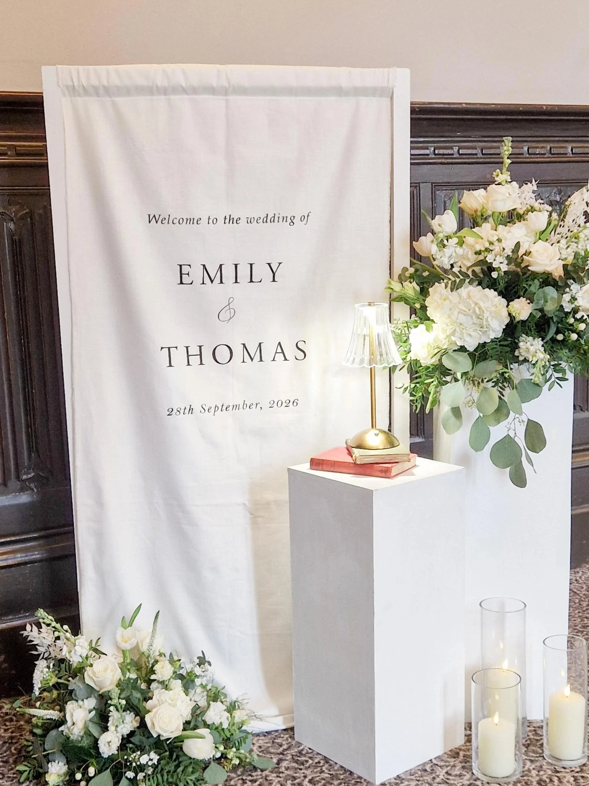 Suspended Fabric Welcome Sign with Plinth display styled by All Things Pretty Weddings at Devere Tortworth Court