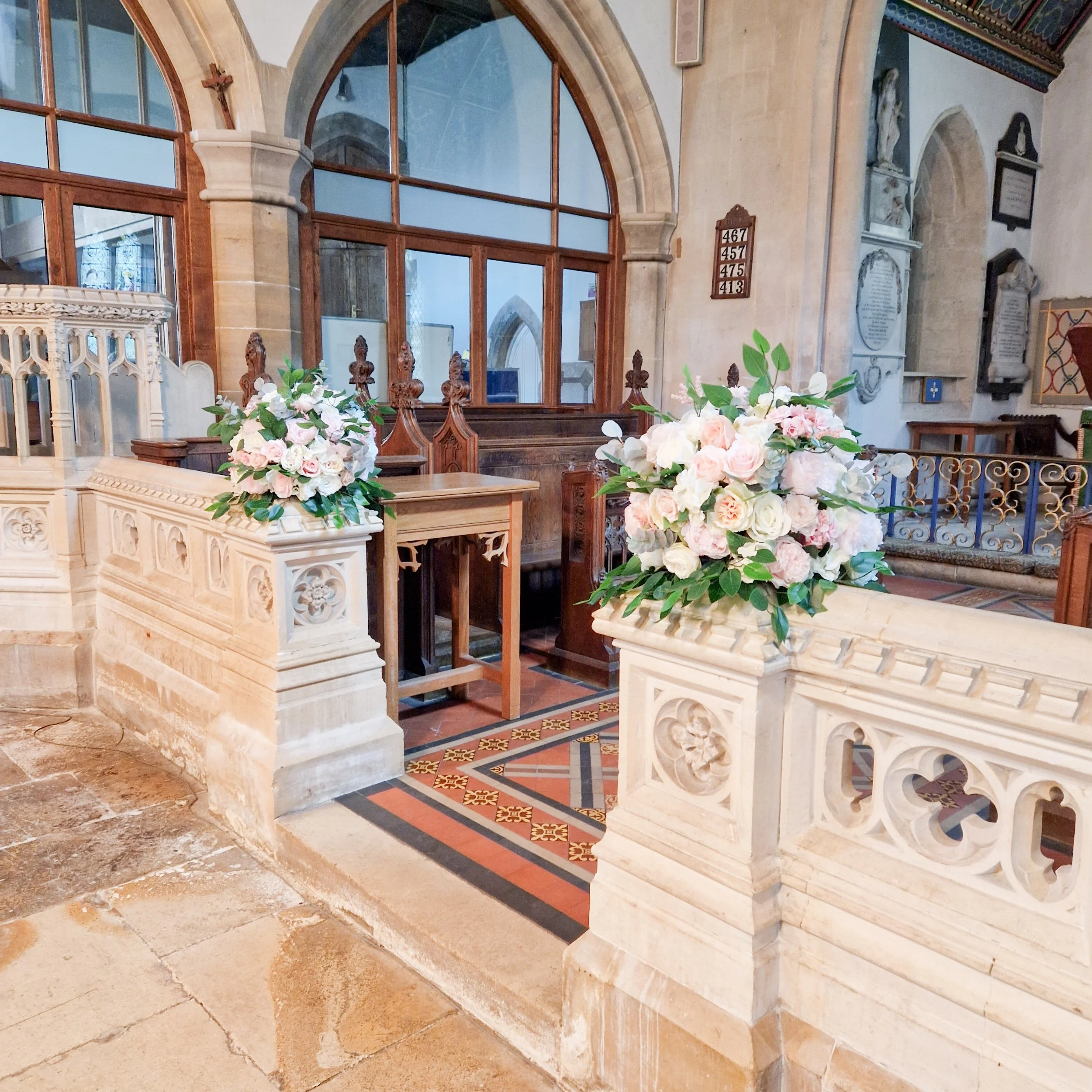 silk floral arrnagements at st barholomews church, Gloucestershire