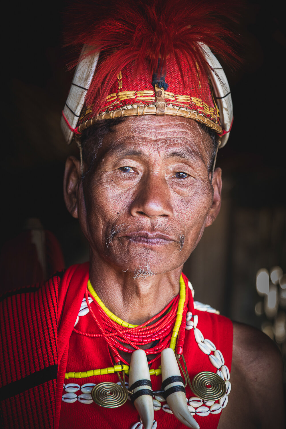 naga tribe old warrior protrait with headgears and ornaments during hornbill festival at kisama village nagaland