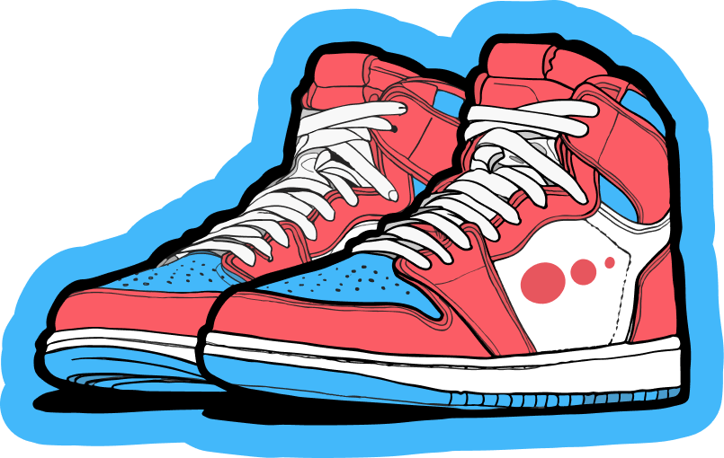 Illustration of a pair of red, white, and blue high-top sneakers with white laces.