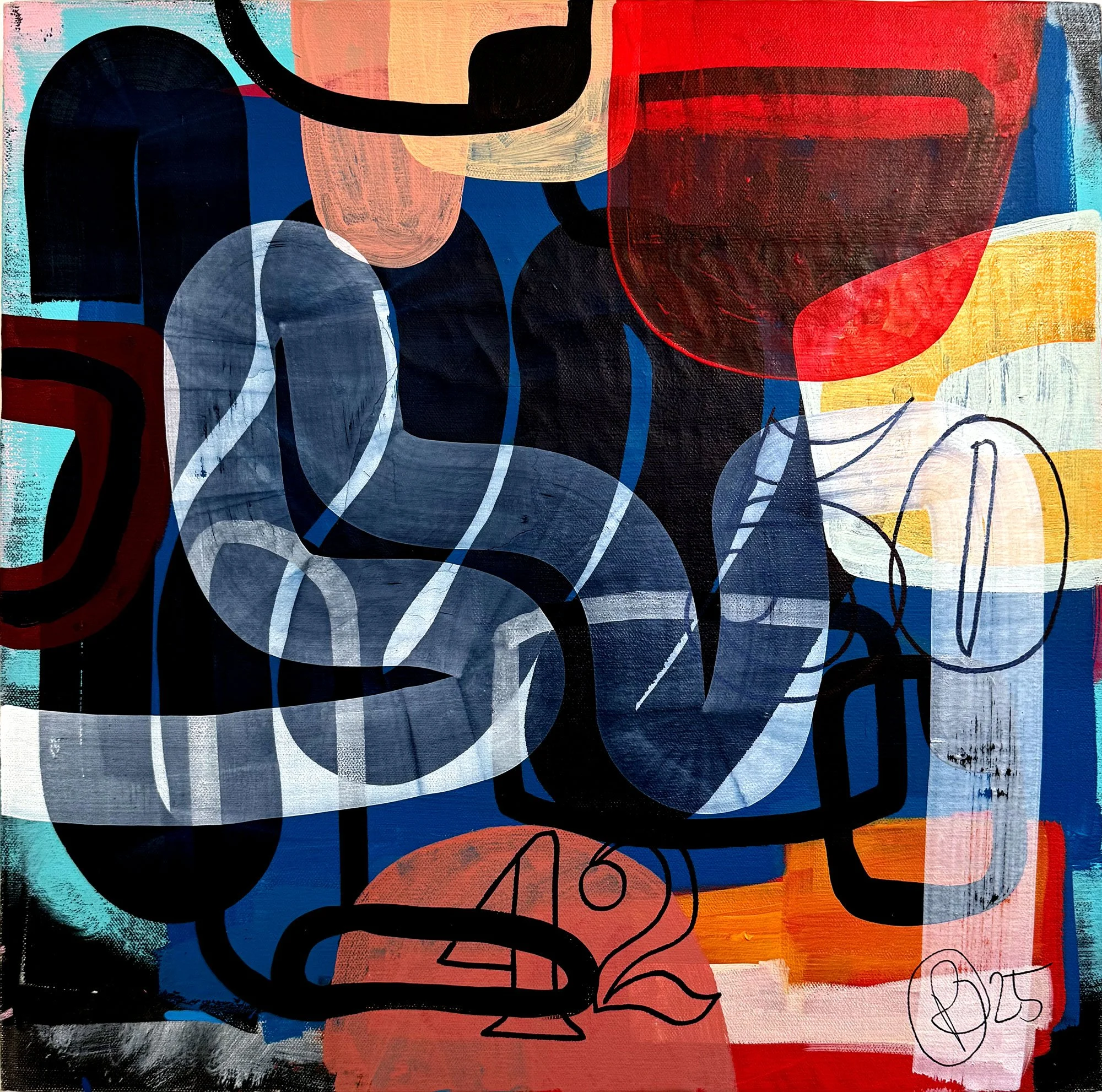 Abstract painting with bold blocks of color, including black, blue, red, yellow, and peach, layered with curved and linear shapes.
