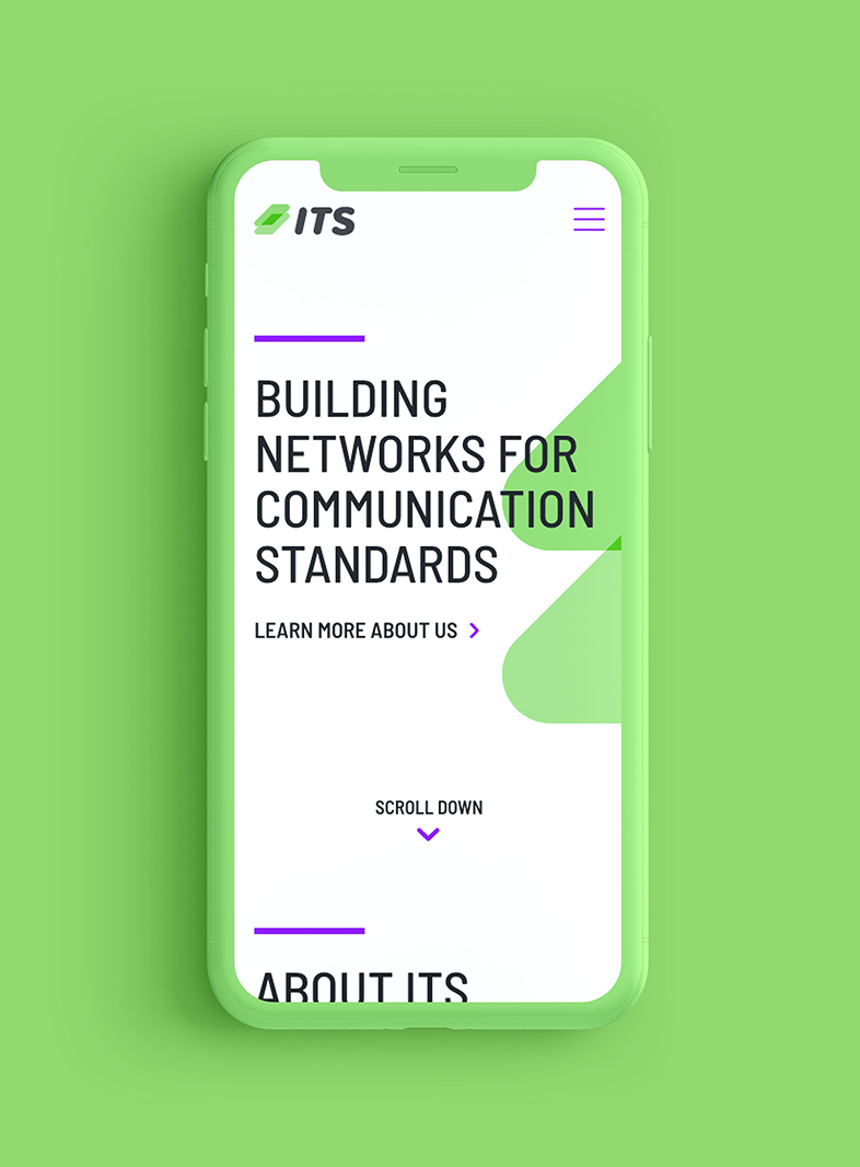 Mobile phone displaying a website for building networks for communication standards on a green background.