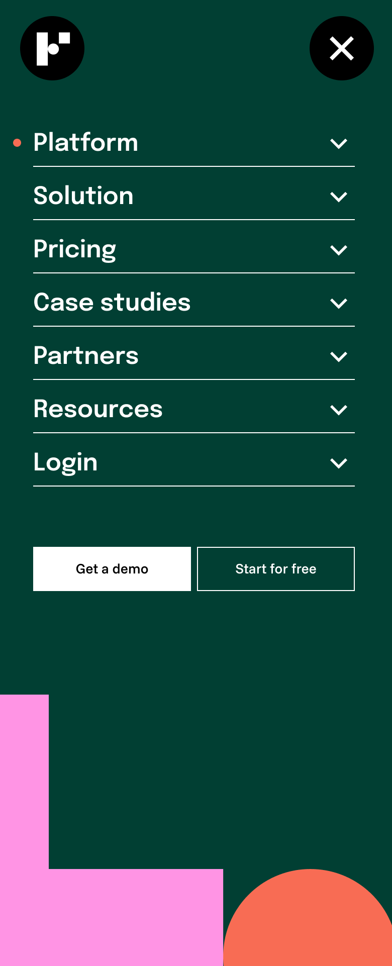 Mobile website menu with sections labeled Platform, Solution, Pricing, Case studies, Partners, Resources, and Login, featuring a dark green background, white text, and a pink and orange geometric design in the bottom left corner.