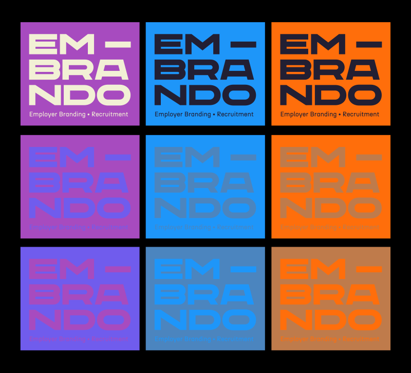 Six colorful squares with the word "EM-BRA NDO" and the phrase "Employer Branding - Recruitment" in different background and text colors.