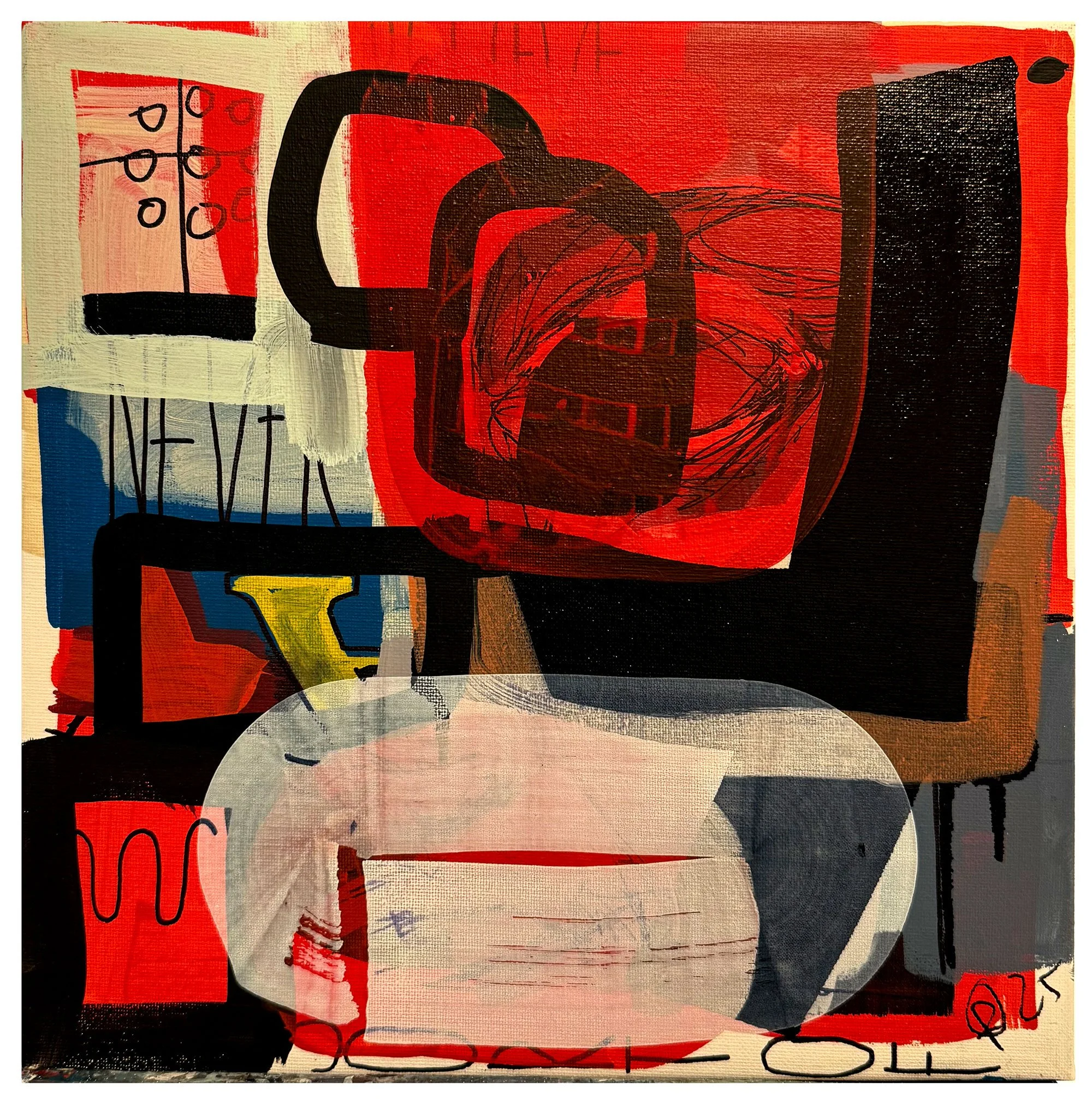 Abstract artwork with bold shapes and colors, including black, red, cream, blue, and yellow. Features geometric and scribbled lines with overlapping forms.