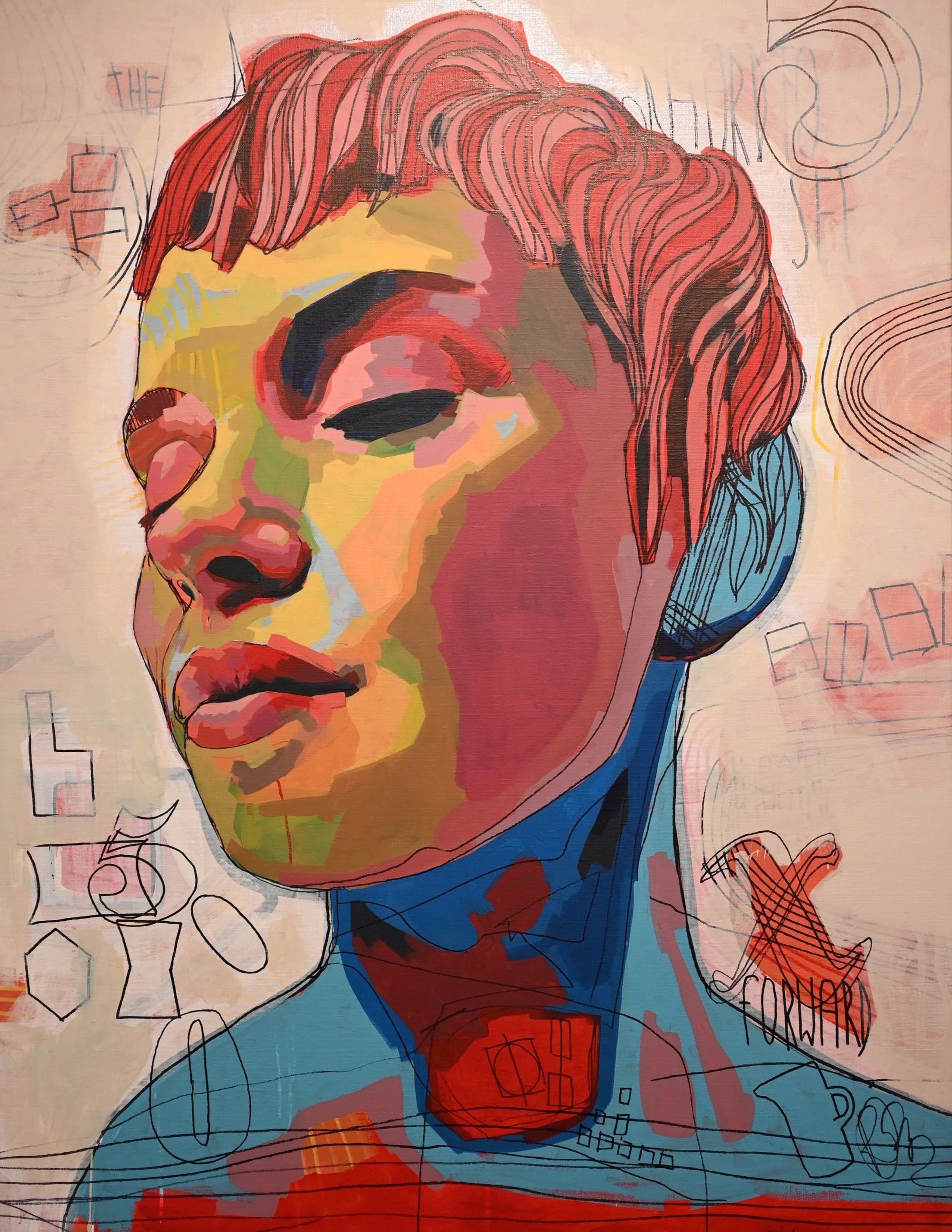 A colorful abstract portrait of a woman with short hair, showing closed eyes and slightly parted lips, with various geometric and scribble-like details in the background.