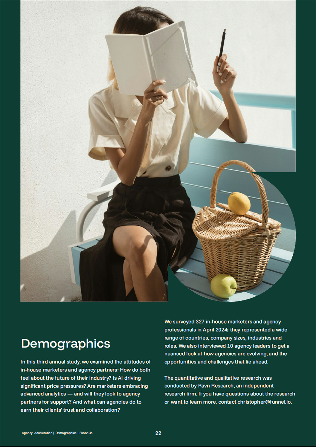 A woman sitting on a blue bench holding a book and a pen, with a wicker basket containing lemons placed on the bench.