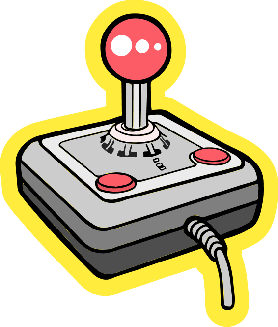 A cartoon-style joystick controller with a red joystick, pink buttons, and a gray base, outlined in yellow.