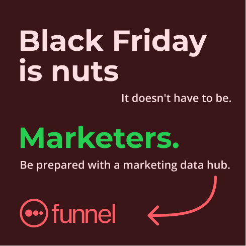 A promotional graphic with a dark red background containing text about Black Friday marketing strategies. The text says 'Black Friday is nuts,' 'It doesn't have to be,' 'Marketers,' and 'Be prepared with a marketing data hub.' There is also a red funnel icon with the word 'funnel' and an arrow pointing to it.