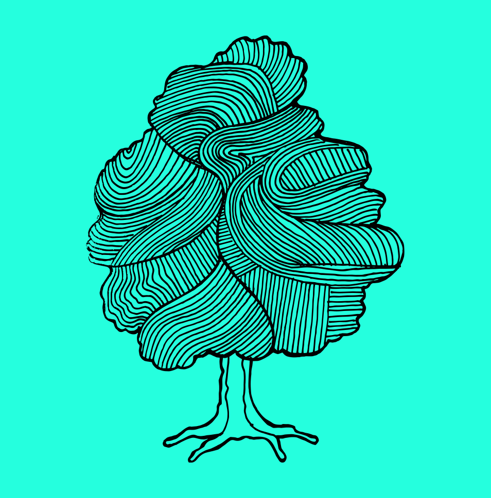 A stylized line drawing of a tree with large, rounded foliage and a simple trunk, set against a bright turquoise background.