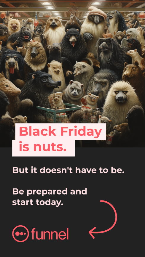 A crowded supermarket aisle filled with various stuffed animal bears, lions, tigers, and other animals, with a sign that says "Black Friday is nuts." and additional promotional text.
