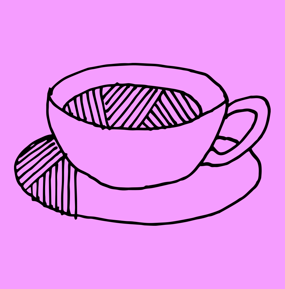 Line drawing of a teacup filled with tea, placed on a saucer with a small cookie beside it, set against a purple background.