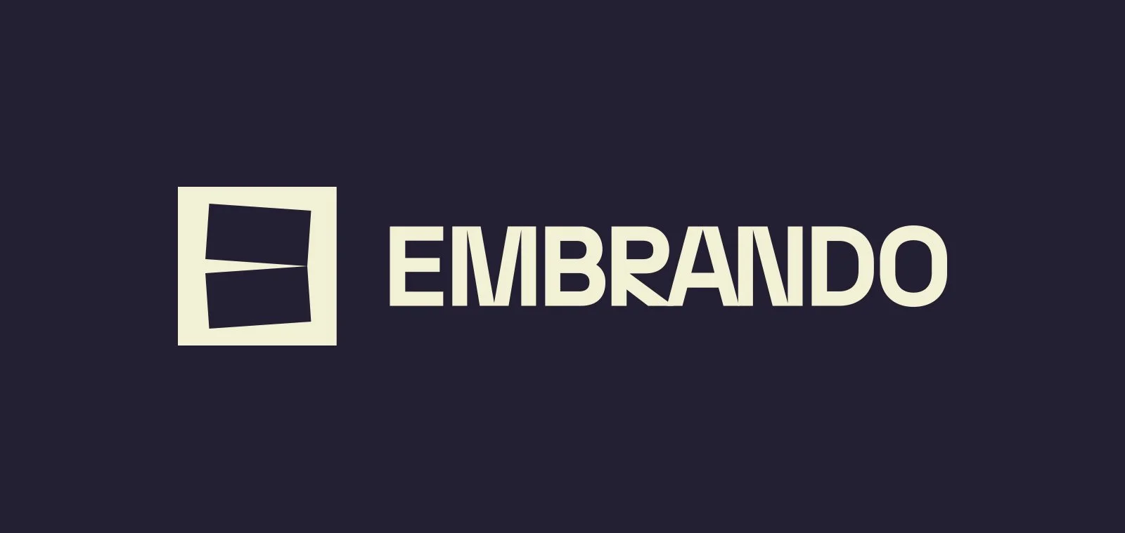 The image shows a logo with a stylized 'E' inside a tilted rectangular frame and the word 'EMBRANDO' next to it, set against a dark background.