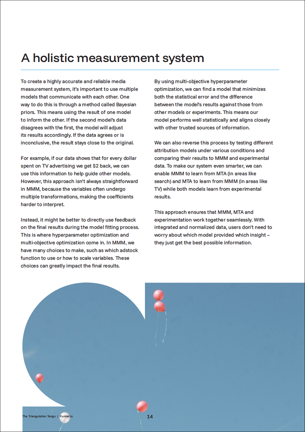 A magazine or brochure page with text titled 'A holistic measurement system'. The page explains the concept of using multiple models and Bayesian priors in a measurement system, and mentions methods like hyperparameter optimization, multi-objective optimization, Bayesian model comparison, and testing models against experimental data. There is a large graphic at the bottom showing several pink helium balloons floating in the sky, some with strings, including one balloon on the left with a label that reads 'The Triangulation Tango | Funnel.io' and a page number '14'.