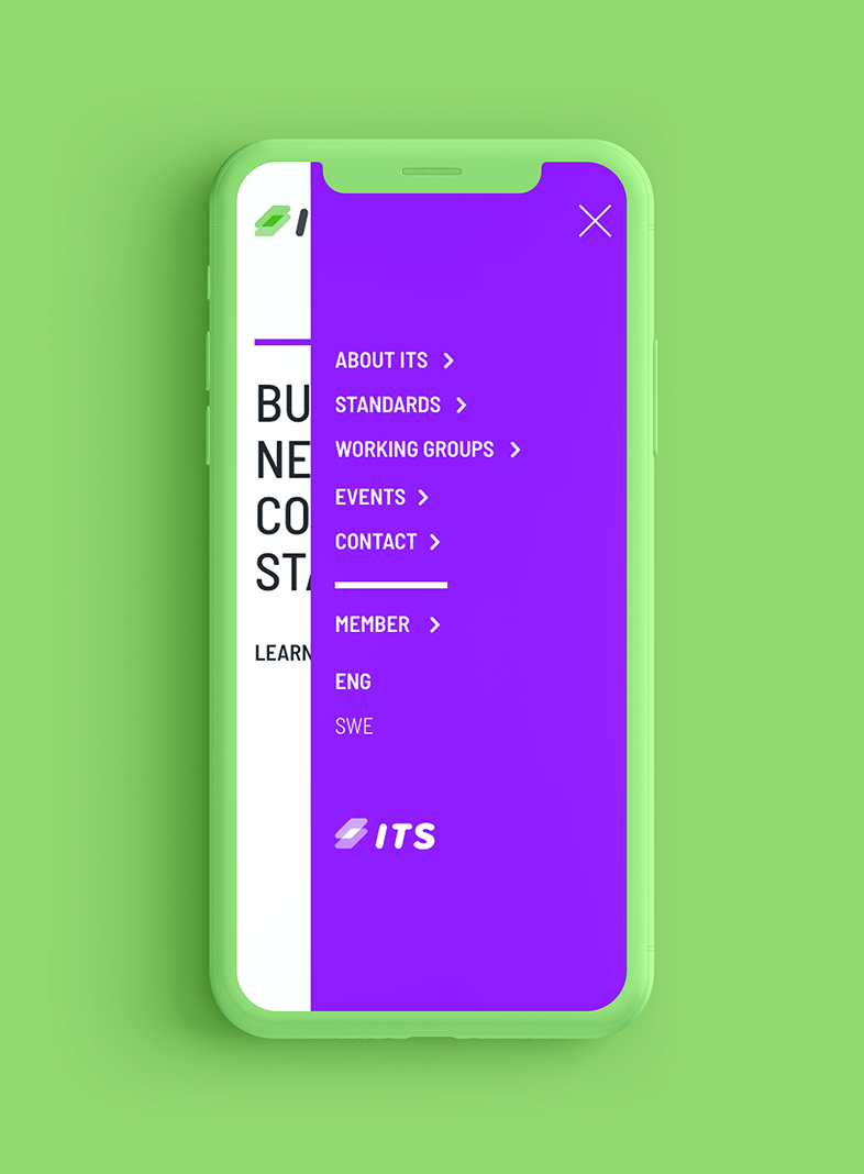 Mobile phone displaying a navigation menu with options such as About Us, Standards, Working Groups, Events, Contact, Member, and Language settings, on a green background.