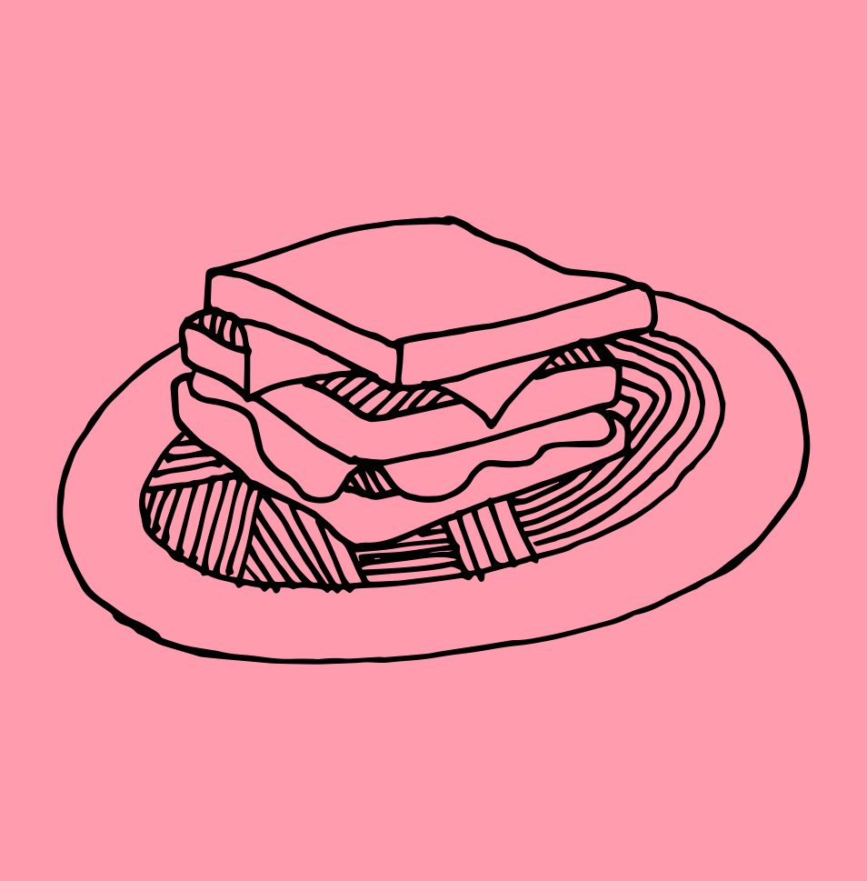 Line drawing of a sandwich with layers of bread, meat, and cheese on a plate, with a pink background.