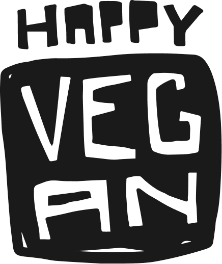 Black and white hand-drawn style text that reads "Happy Vegan" with "Happy" on top and "Vegan" below, arranged in a playful, irregular layout.