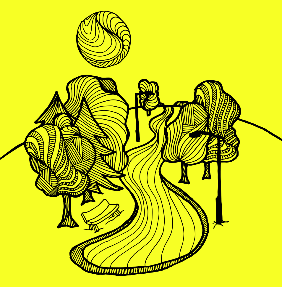 Line drawing of a winding path through trees under a large sun on a yellow background.