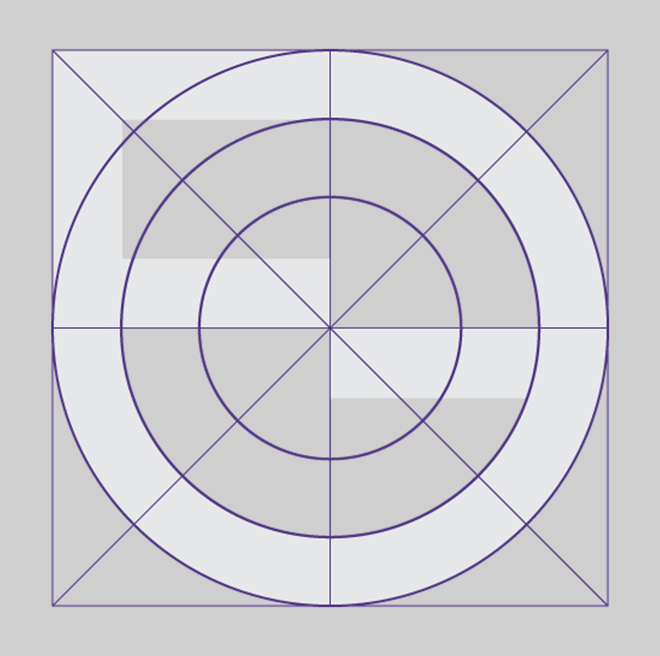 A gray and white circular radar chart with concentric circles and radiating lines grid, overlayed on a gray background.