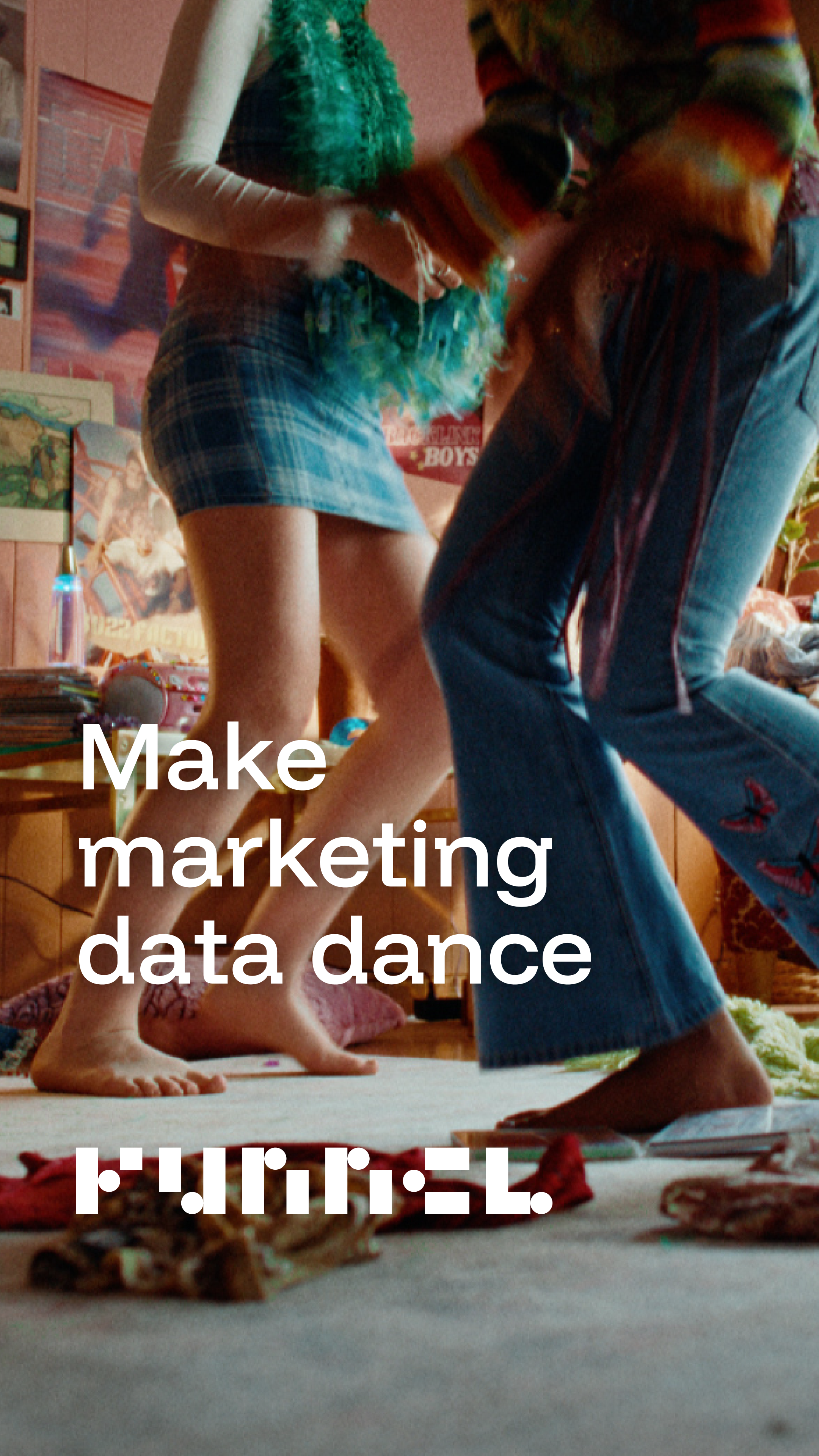 Two people dancing on a colorful living room floor, with the text "Make marketing data dance" overlayed.