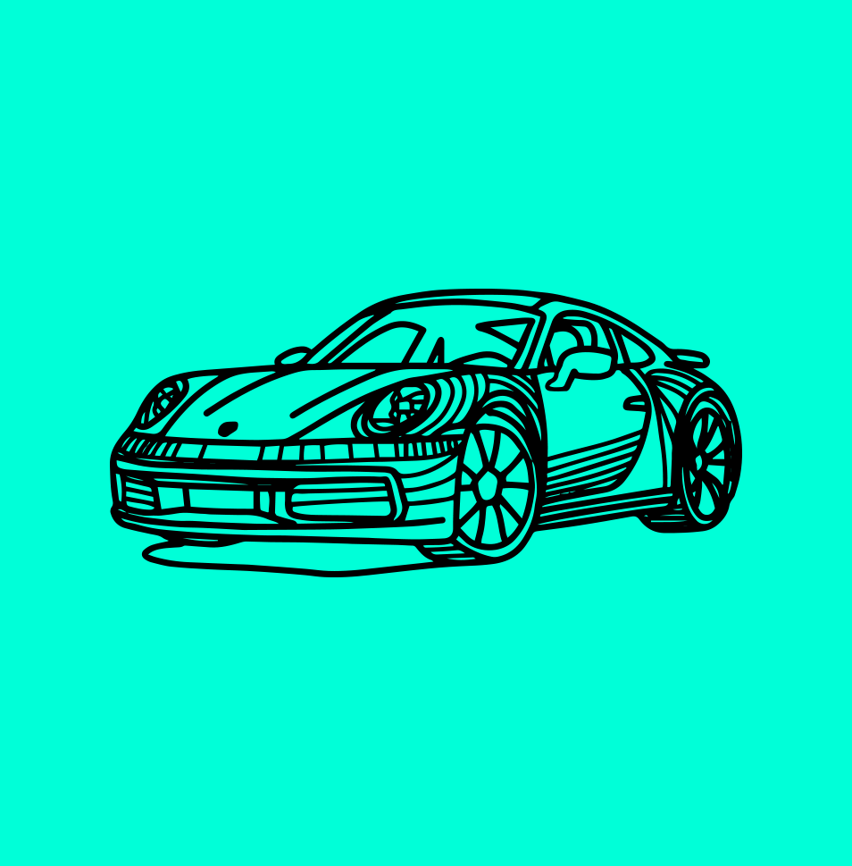 Black outline drawing of a sports car on a cyan background.