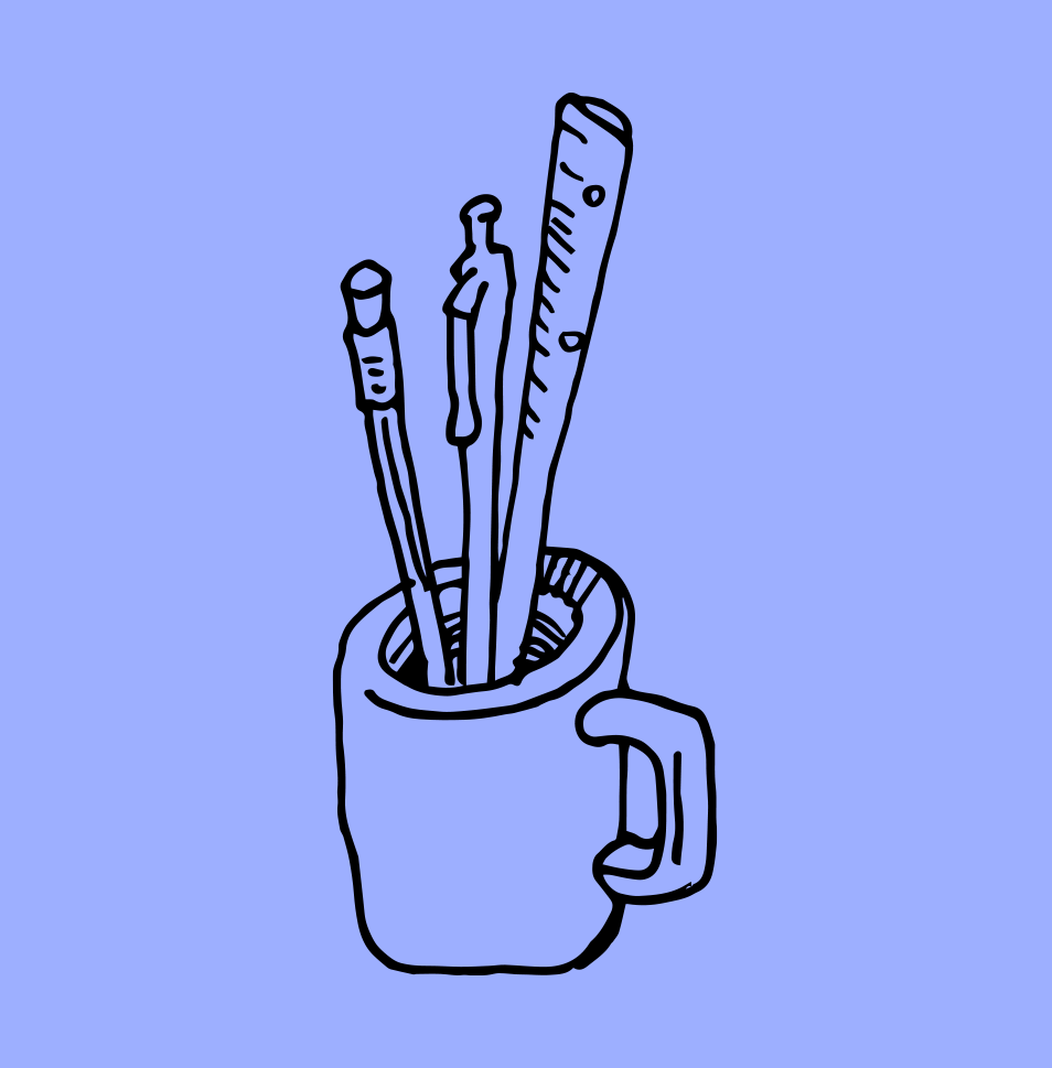 Line drawing of a cup holding three pens or pencils against a blue background.
