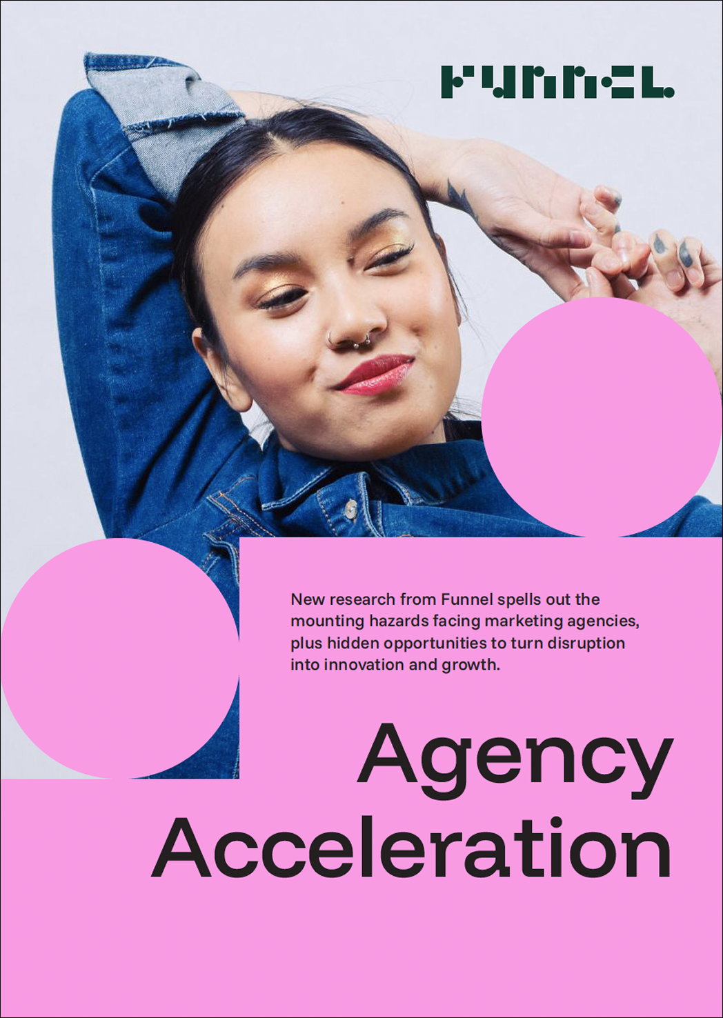 A young woman with dark hair, makeup, and a septum piercing posing with her eyes closed and a confident expression. She is wearing a denim jacket and is set against a light background with pink circles and text about agency acceleration.