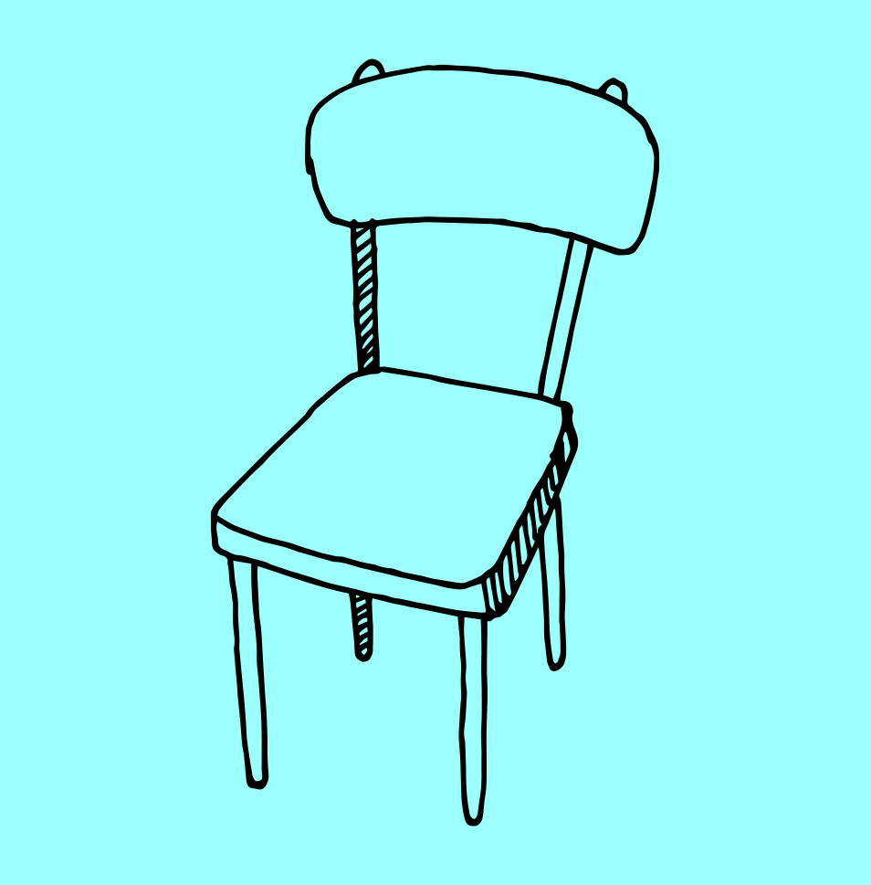 A simple black line drawing of a chair with a rounded backrest and four legs, on a light blue background.