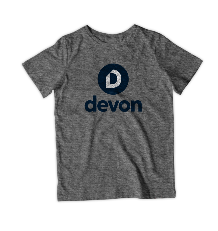 Gray T-shirt with a blue circular logo featuring a white letter D and the word 'devon' in lowercase underneath.