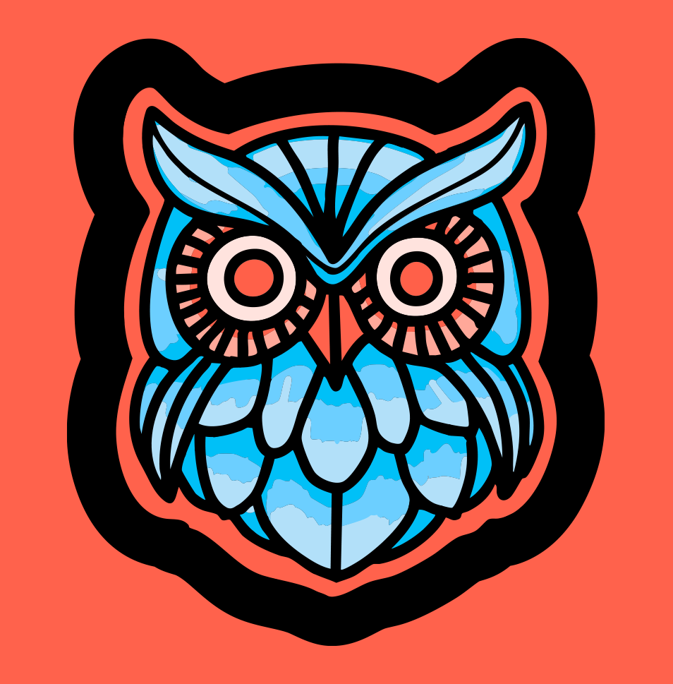 Stylized blue owl illustration with black outlines on a coral background.