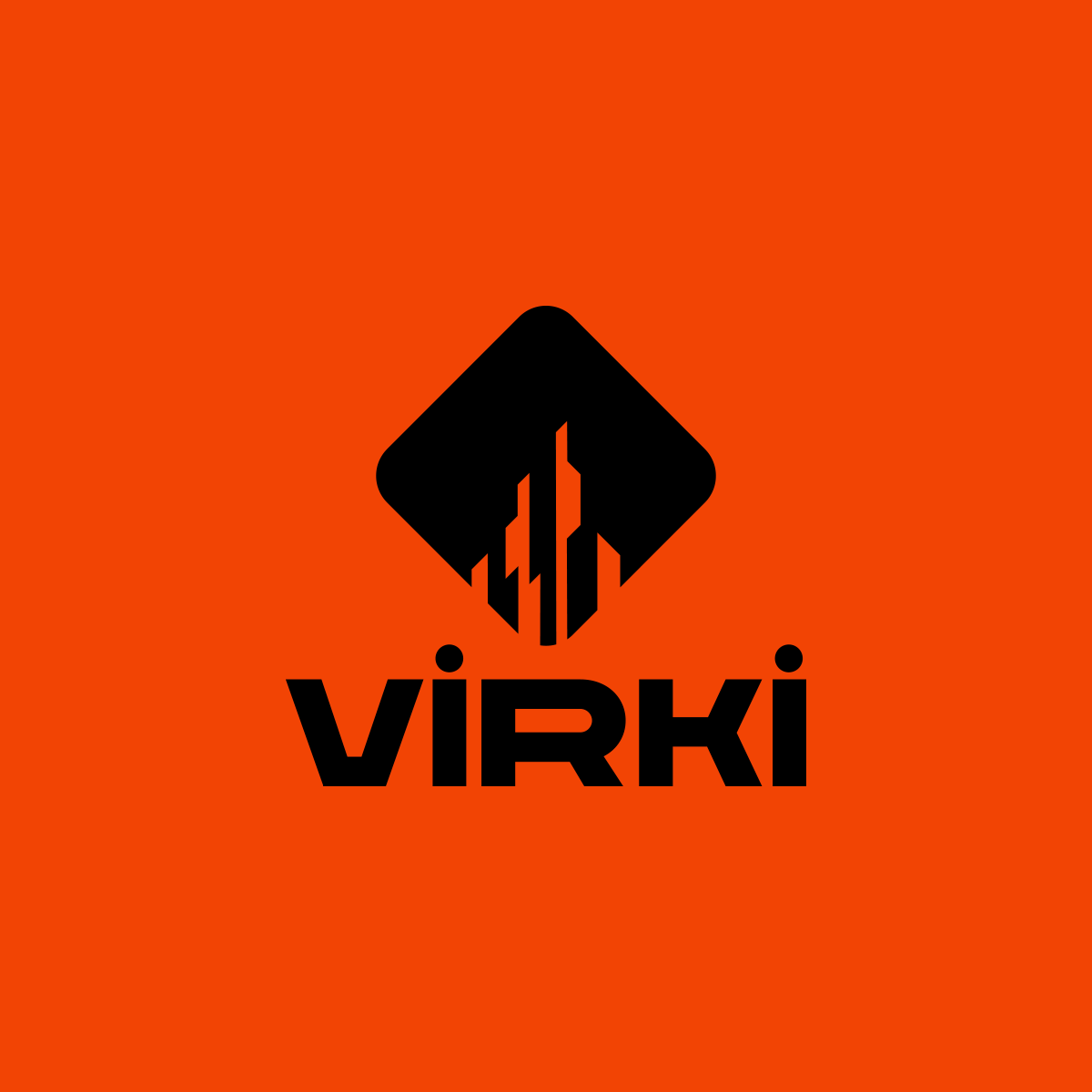 Black logo with a stylized shattering diamond shape and the word 'VIRKI' underneath on an orange background.